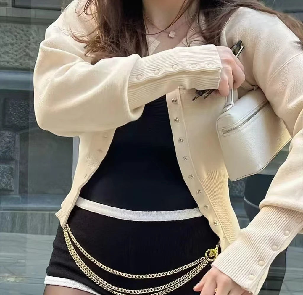 Women's Knitted Fitted Cardigan Elegant Long Sleeve Tops Sweater Knitwears Top Female Clothing 2025 Fall Black Brown White Blue