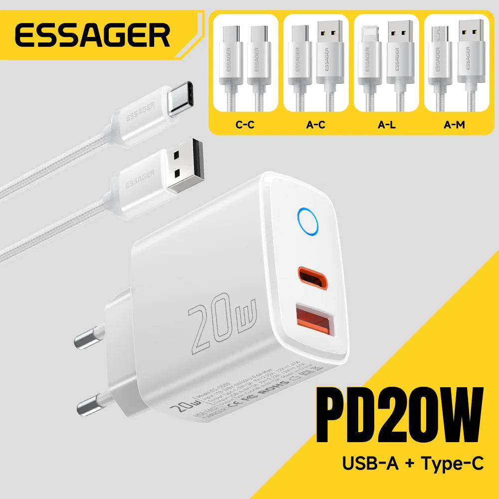 Essager 20W USB Type C Charger 3A PD Quick Charge With Type-C Lighting Micro Cable Fast Charging For iPhone 17 16 Xiaomi Huawei