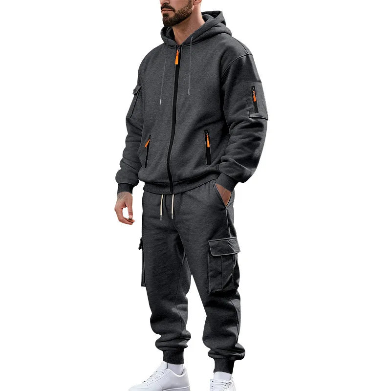 Men's Full Zip Hooded Tracksuit 2 Piece Set Casual Cargo Pocket Jogger Suit Outdoor Sports Hoodie And Pants Set