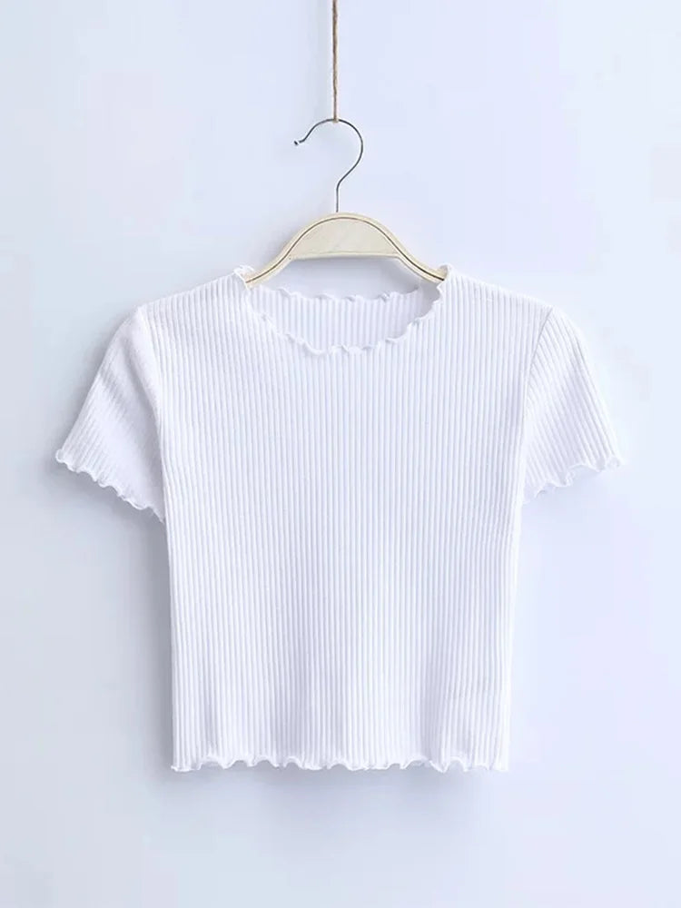 Vintage Wood ears O neck Short sleeve T-shirt 2025 New Woman Slim Fit t shirt tight tee Summer Retro Tops 6 colors