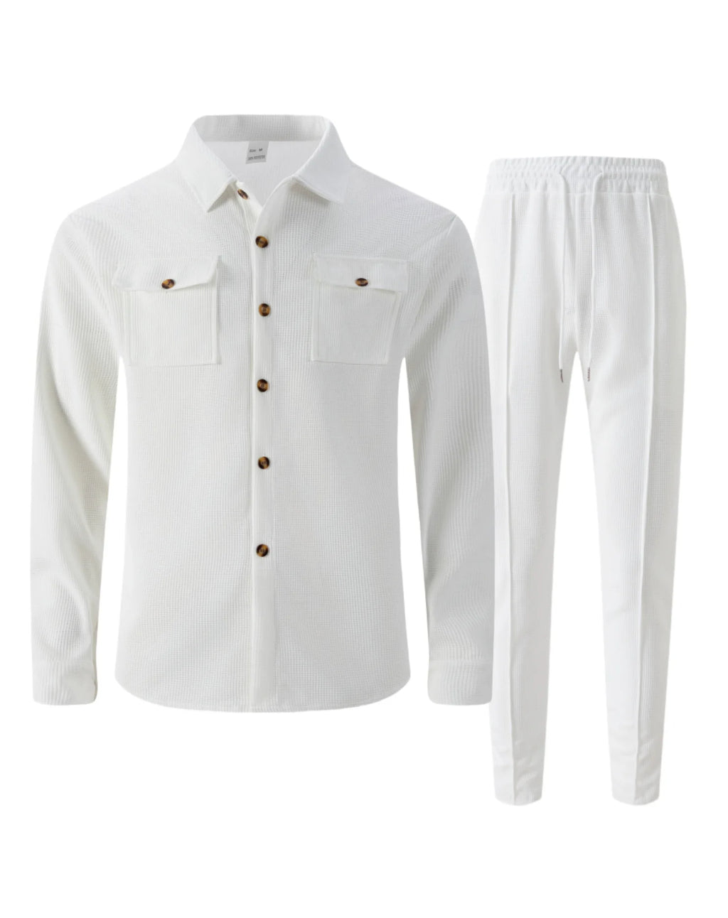Men's casual two-piece waffle texture suit (including button-down top and elastic waist pants) - fashionable street casual sport