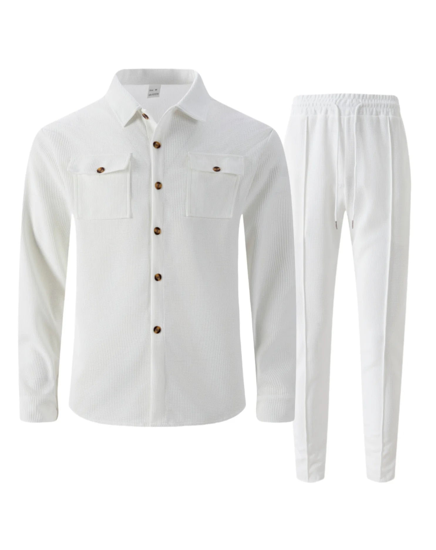 Men's casual two-piece waffle texture suit (including button-down top and elastic waist pants) - fashionable street casual sport