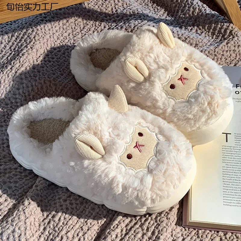 Home Fuzzy Slipper Women Sheep Fluffy Winter Warm Fur Plush Indoor Lazy Female Thermal Furry House Shoe Flat Flip Flop Ladies