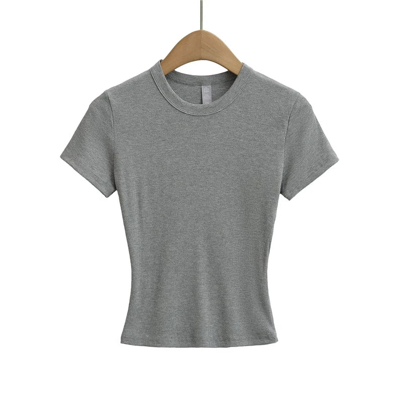 LUNDUNSHIJIA 2025 Summer Sexy Women Basic Small O-neck Short Sleeve T-shirt Ladies Slim Elasticity Cotton Short Style Tee Tops