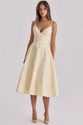 Oligai Summer Lace-up Midi Floral Print Dress Spaghetti Strap A-line Dress Sexy V-neck Casual Party Dress for Women