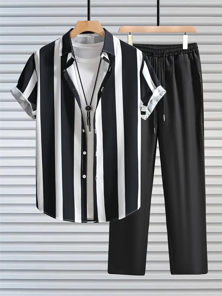2025 Autumn Simple Striped 3D Printed Men's Casual Shirt 2pcs Set, Urban Street Fashion Loose Men's Top And Trousers S-2XL