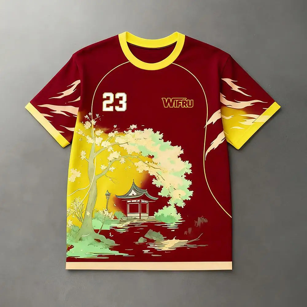 Traditional Ink Painting Graphic Football T-shirt WIFRU Japanese Anime Style Sports Training Jersey Men's Breathable Casual Tops