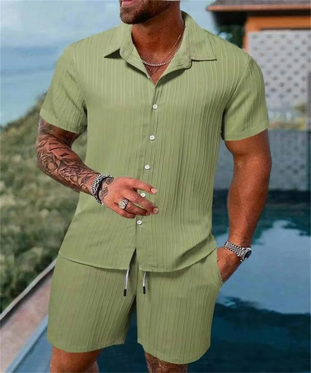 2024 New style Summer Men's Fashion Beach Suit Outdoor Sports Casual Shirt Solid color Loose Short Sleeve Shorts Beach two-piece