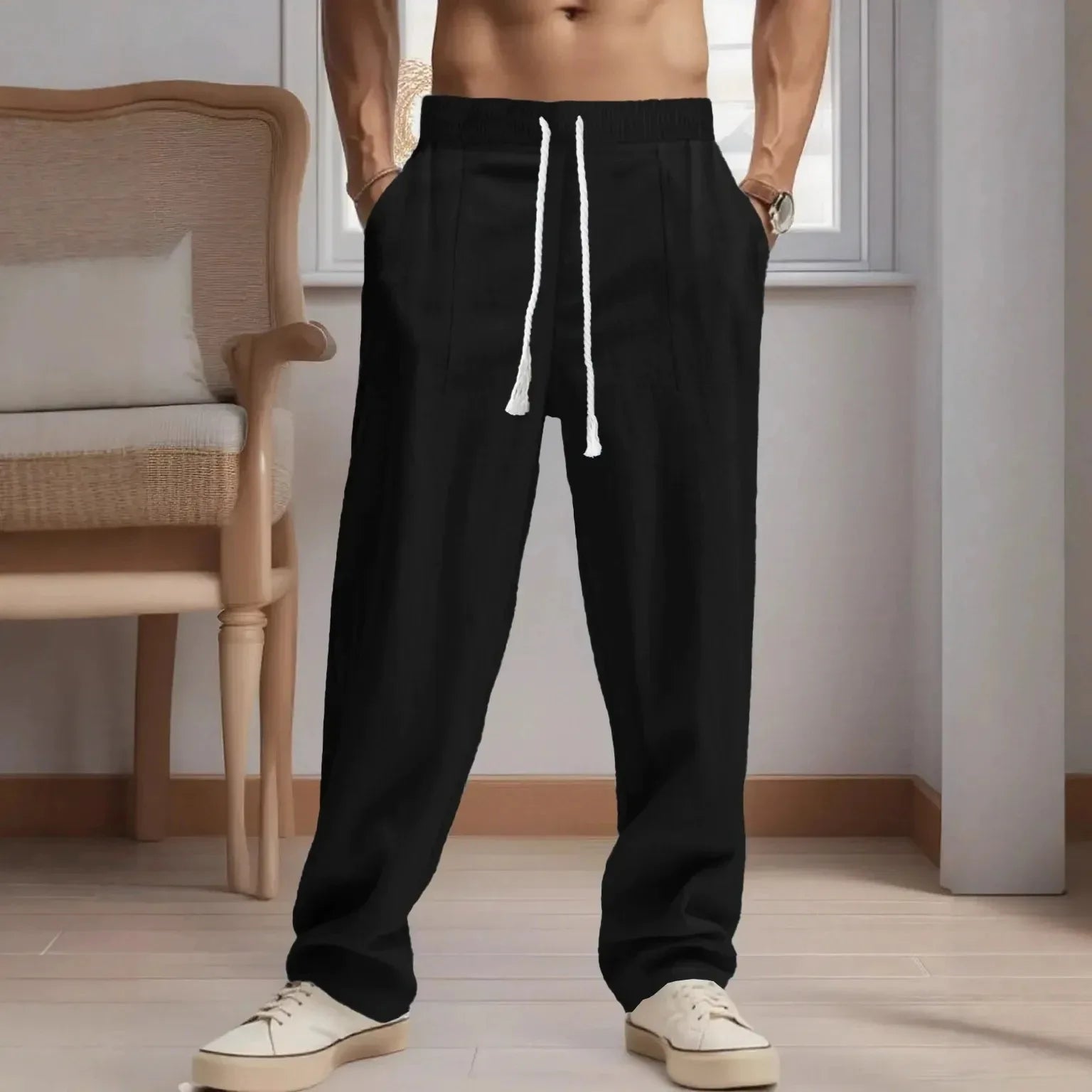 Men's Cotton-Linen Casual Breathable Pants Loose Straight Cut Streetwear Sporty Long Trousers Comfortable Fashion
