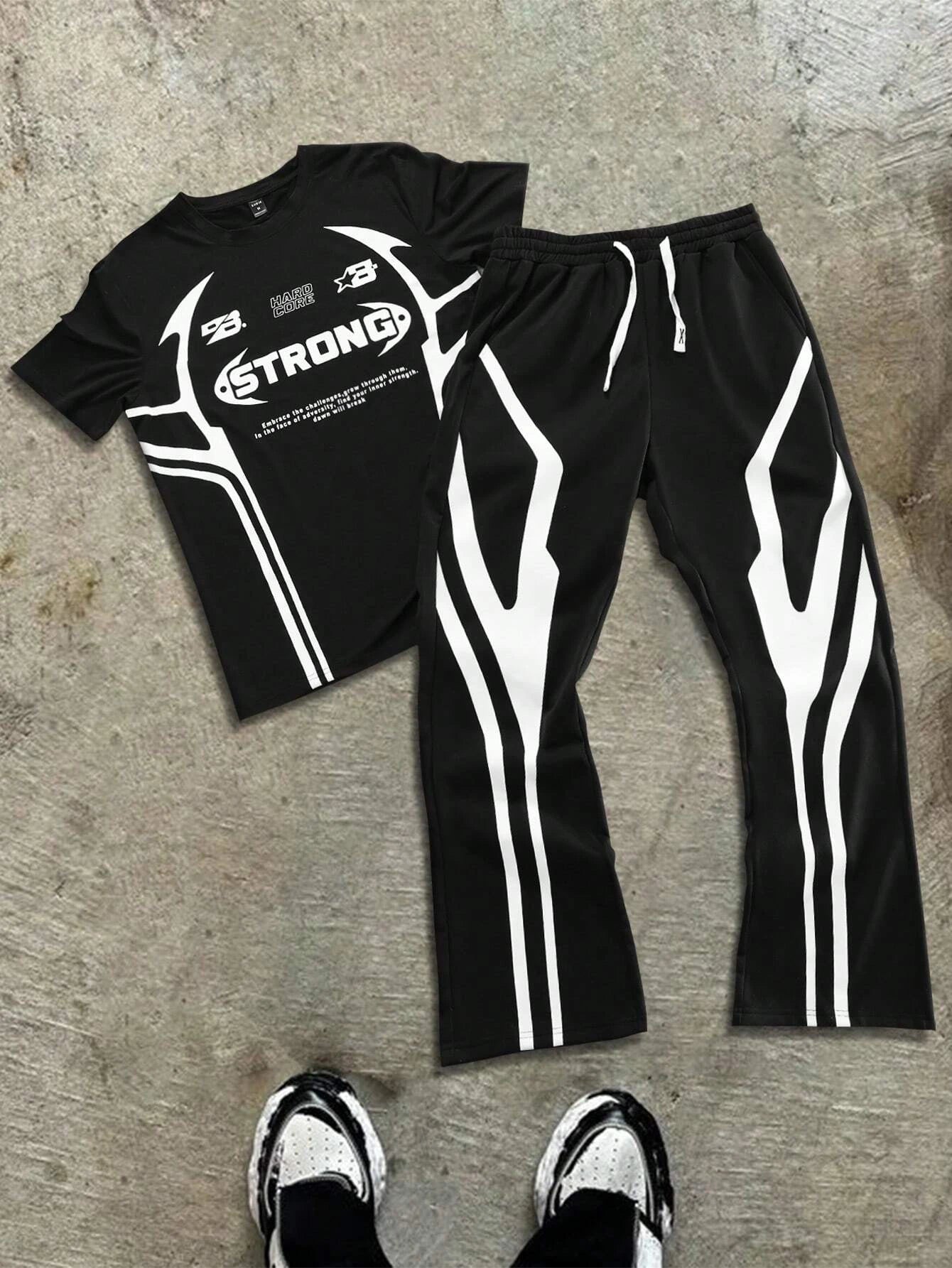 Men's Trendy Two Piece Fashion Hip Hop STRONG Letter Printed Crew Neck T-Shirt and Trousers Set Hip Hop Wear  Men's Clothing