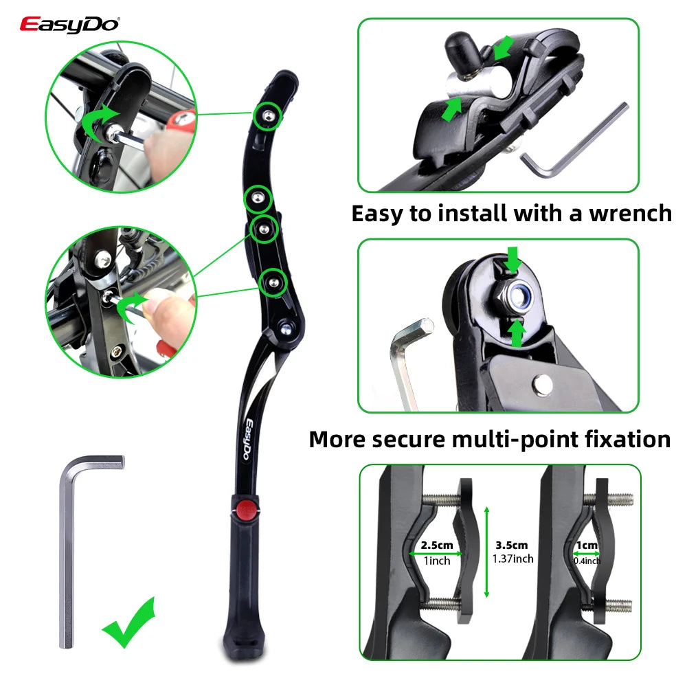 Easydo Bicycle Stand Aluminum Alloy Side kickstand Bicycle Universal for 26-29 Inch MTB Road Bike Height Adjustable Rubber Foot