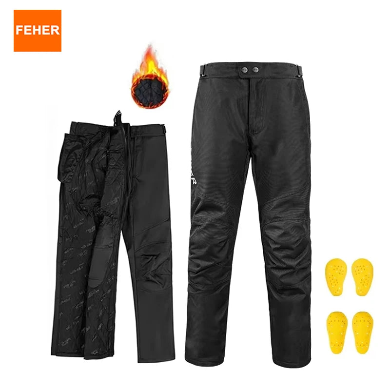 FEHER Motorcycle Pants Winter Waterproof Quick-release Thermal Motorbike Trousers Unisex Built-in Removable CE Protective Gear