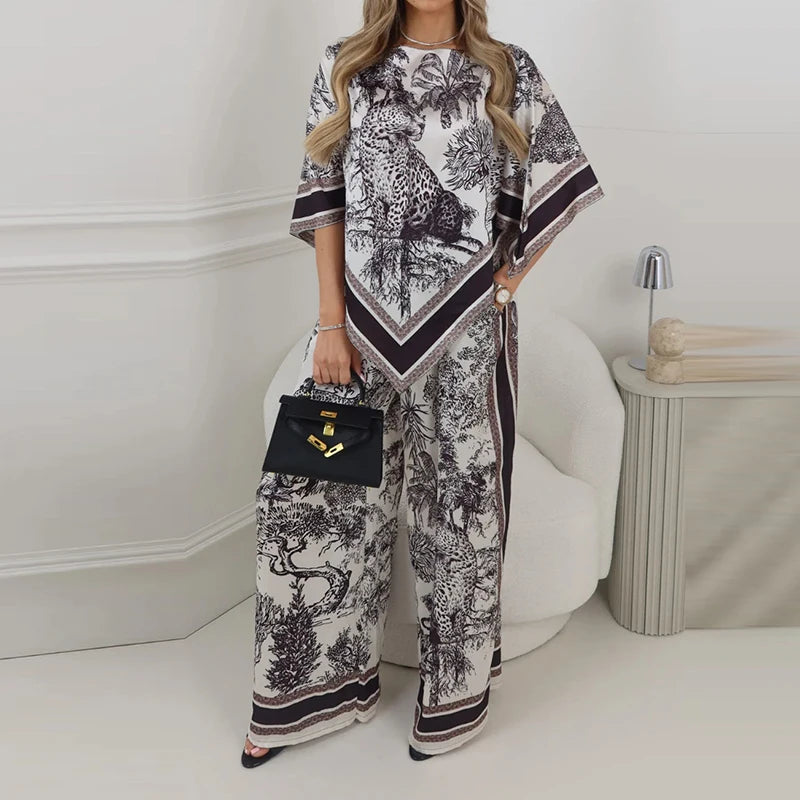 New Elegant Shawl Top+Pants Two Twice Set Summer Fashion Round Neck Loose Outfit Lady Casual Satin Printed Office Commuter Suit