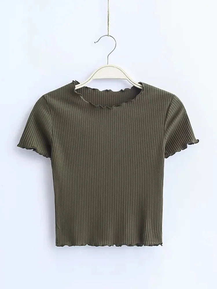 Vintage Wood ears O neck Short sleeve T-shirt 2025 New Woman Slim Fit t shirt tight tee Summer Retro Tops 6 colors