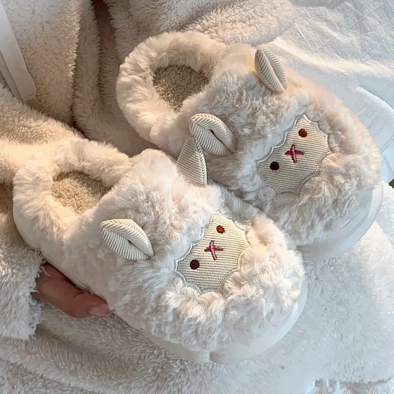 Home Fuzzy Slipper Women Sheep Fluffy Winter Warm Fur Plush Indoor Lazy Female Thermal Furry House Shoe Flat Flip Flop Ladies