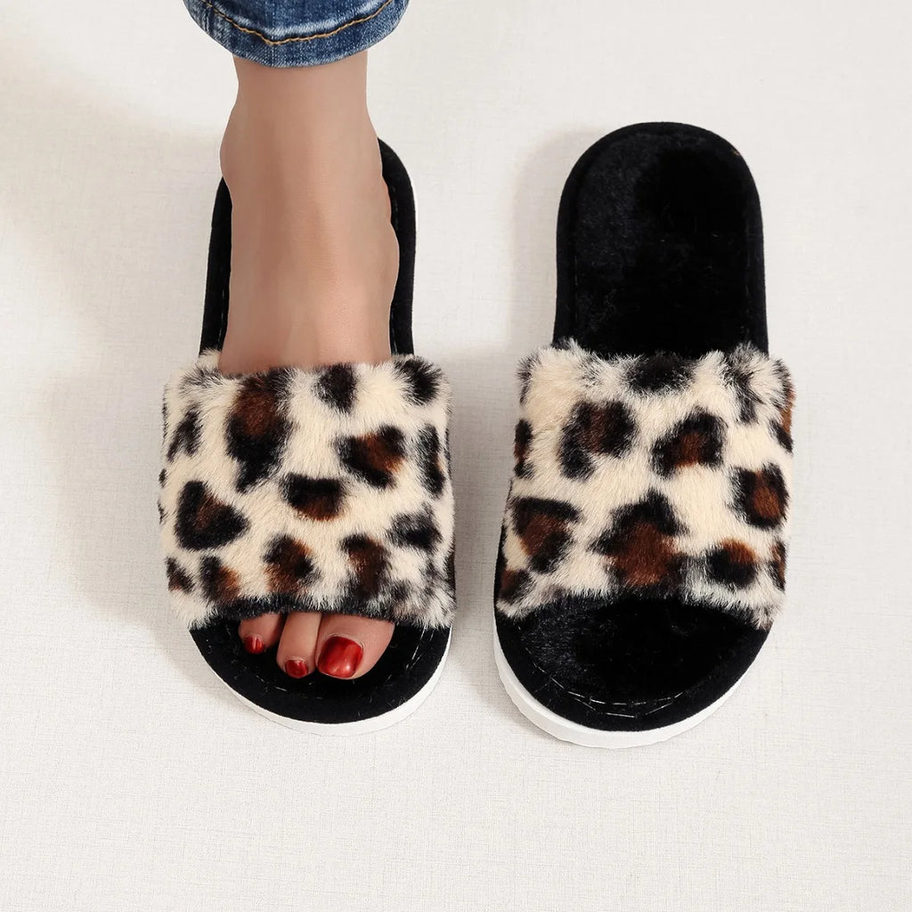 Four Seasons New Women's Home Slippers Opening White Fur Slides Warm Plush Sandals Female Comfortable Lightweight Flat Shoes