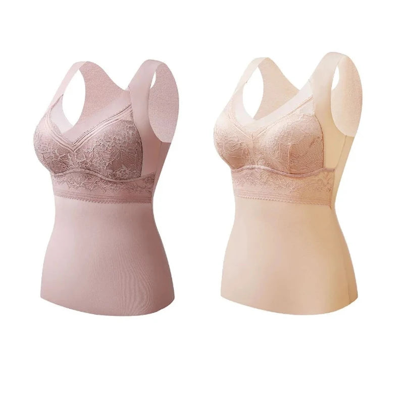 2pcs Woman Thermal Underwear Thermo Lingerie Winter Soft Warm Top Wear Thermo Vest  Undershirt Intimate Lace with Bra Padded