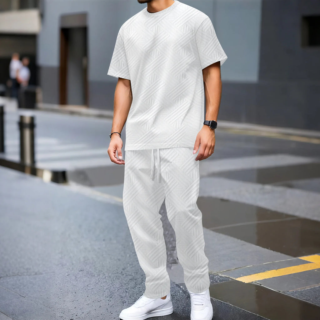 Men's Textured Fabric 2 Piece Set Short Sleeve T-Shirt & Drawstring Pants Casual Outfit Lightweight Breathable Streetwear for Sp