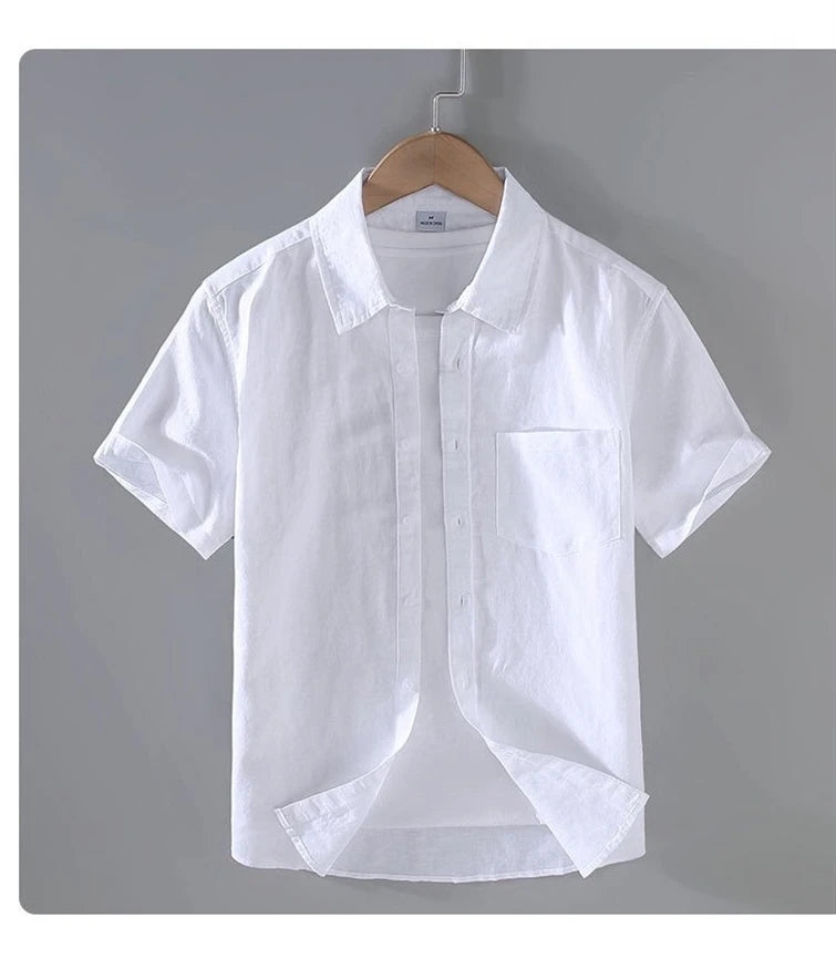 Men's Cotton Linen Short-Sleeved Shirt Summer Streetwear Plain Color Stand Collar Casual Beach Style plus Size M-3XL