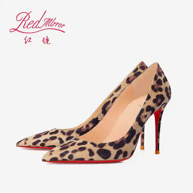 elegant women heeled Luxury Brand Leopard print heels 2025 trend Red Shiny Bottoms Pointed Toe Pumps Prom Ladies Shoes Women 8cm