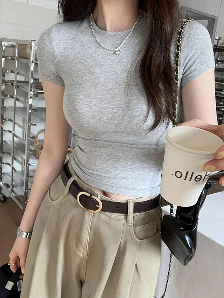 American style spicy girl shoulder T-shirt for women in summer 2025, tight fitting and slimming short top, basic elastic short s
