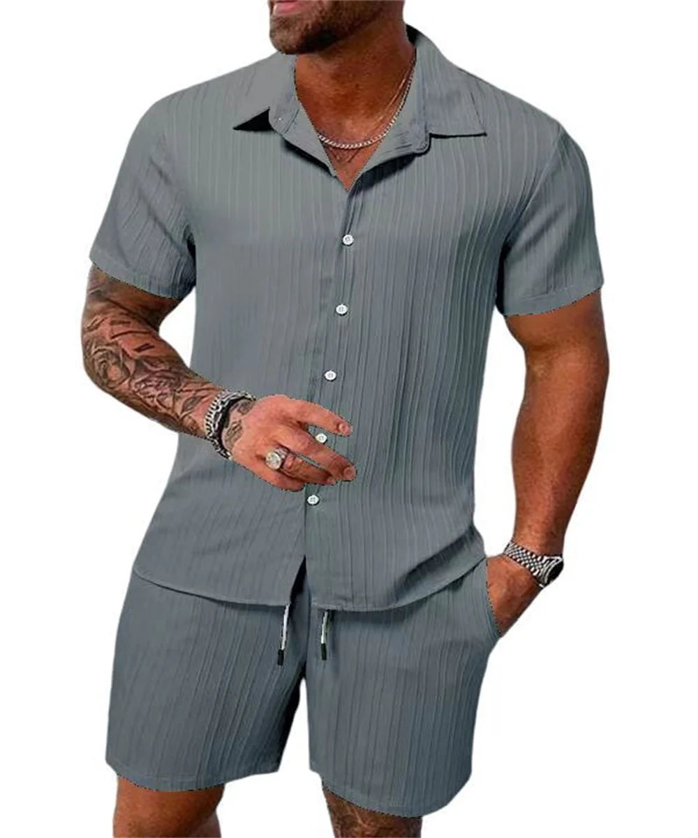 2024 New style Summer Men's Fashion Beach Suit Outdoor Sports Casual Shirt Solid color Loose Short Sleeve Shorts Beach two-piece