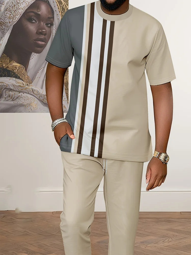 Summer Men's Short-Sleeve Suit Striped Print Short-Sleeve Top Paired With Tailored Trousers Outdoor & Streetwear Two-Piece Set