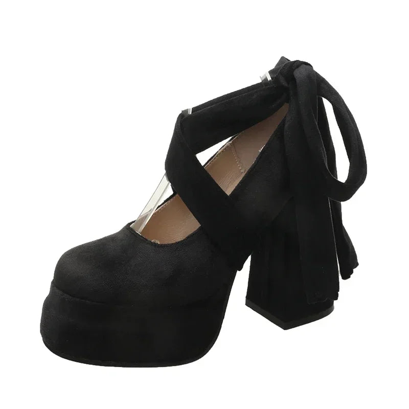 Platform Mary Janes Shoes Women Suede Luxury High Heel Lace Up Trend Lolita Shoes Elegant Chunky Party Pumps Sandalias Muje
