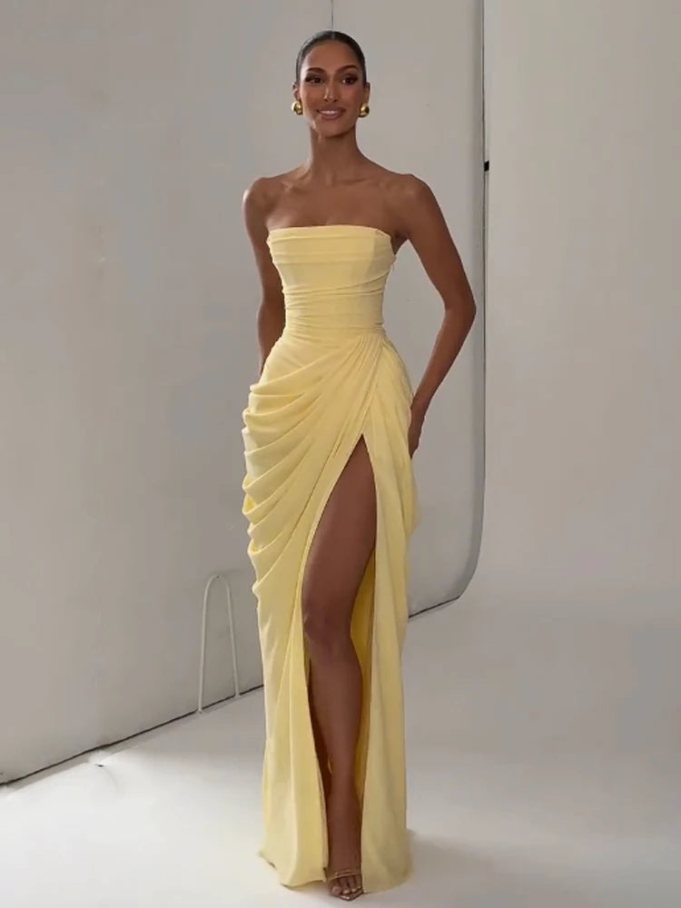 Women Sexy Solid Pleated Strapless Dress Lady Chic Off-shoulder Backless High Waist Split Dresses 2026 Summer Evening Party Gown