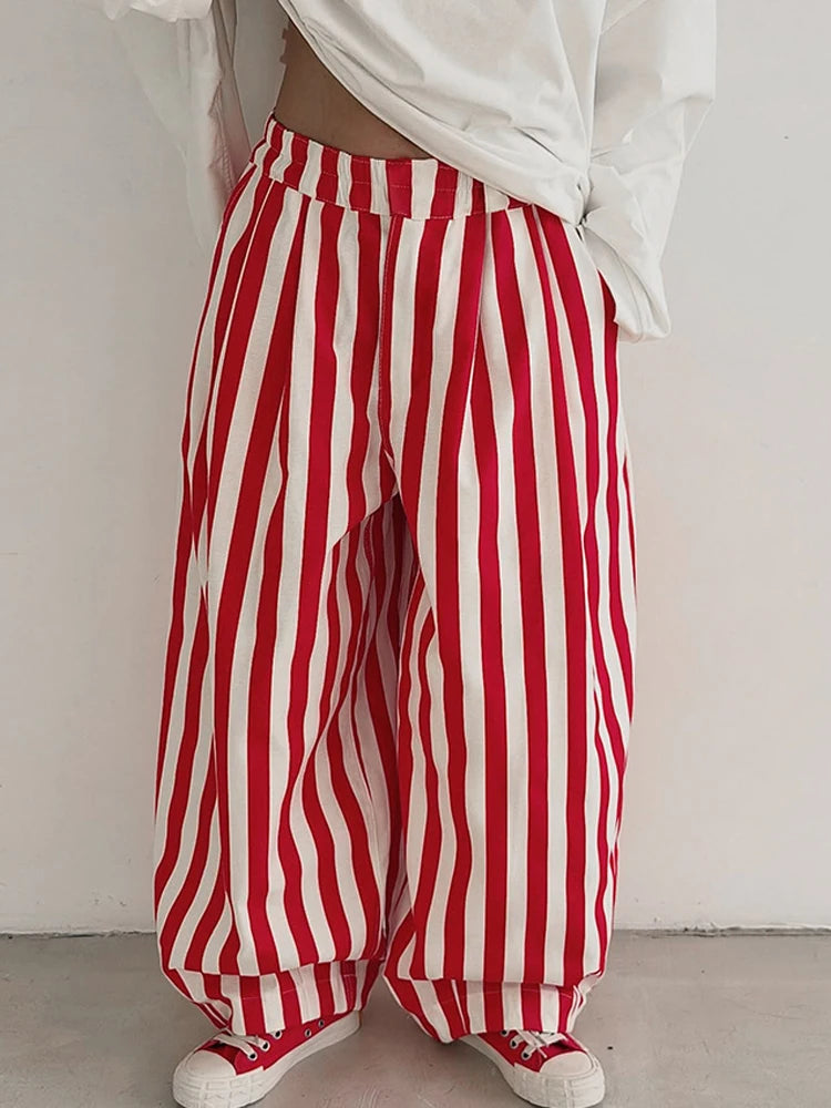 Red White Striped Balloon Pants Women's Elastic Waist Wide Leg Baggy Casual Trouser 2026 Summer New Streetwear Loose Fit Pants