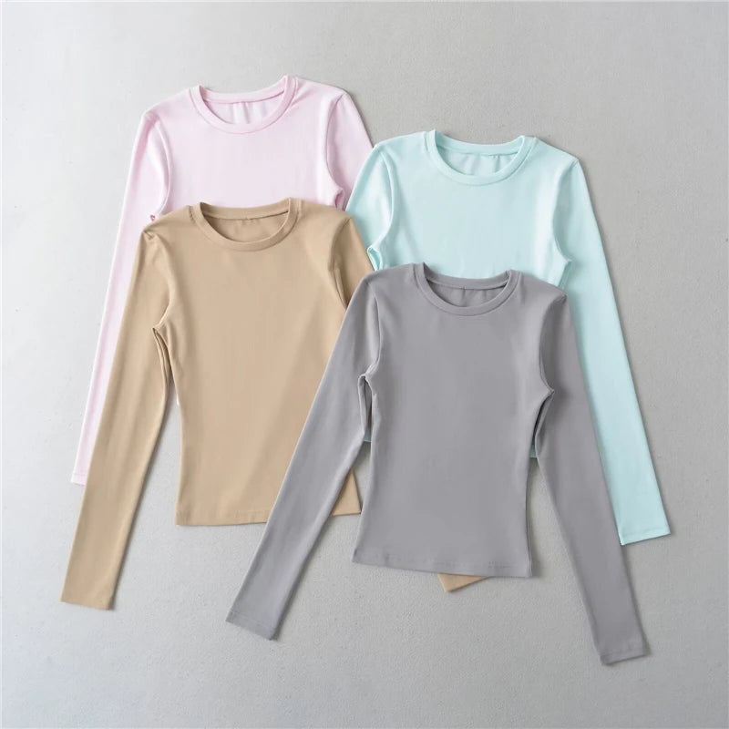 LUNDUNSHIJIA O-neck Long Sleeve T-shirts For Women 2025 New Spring Ladies Solid Cotton Slim Tee Shirts 10 Colors