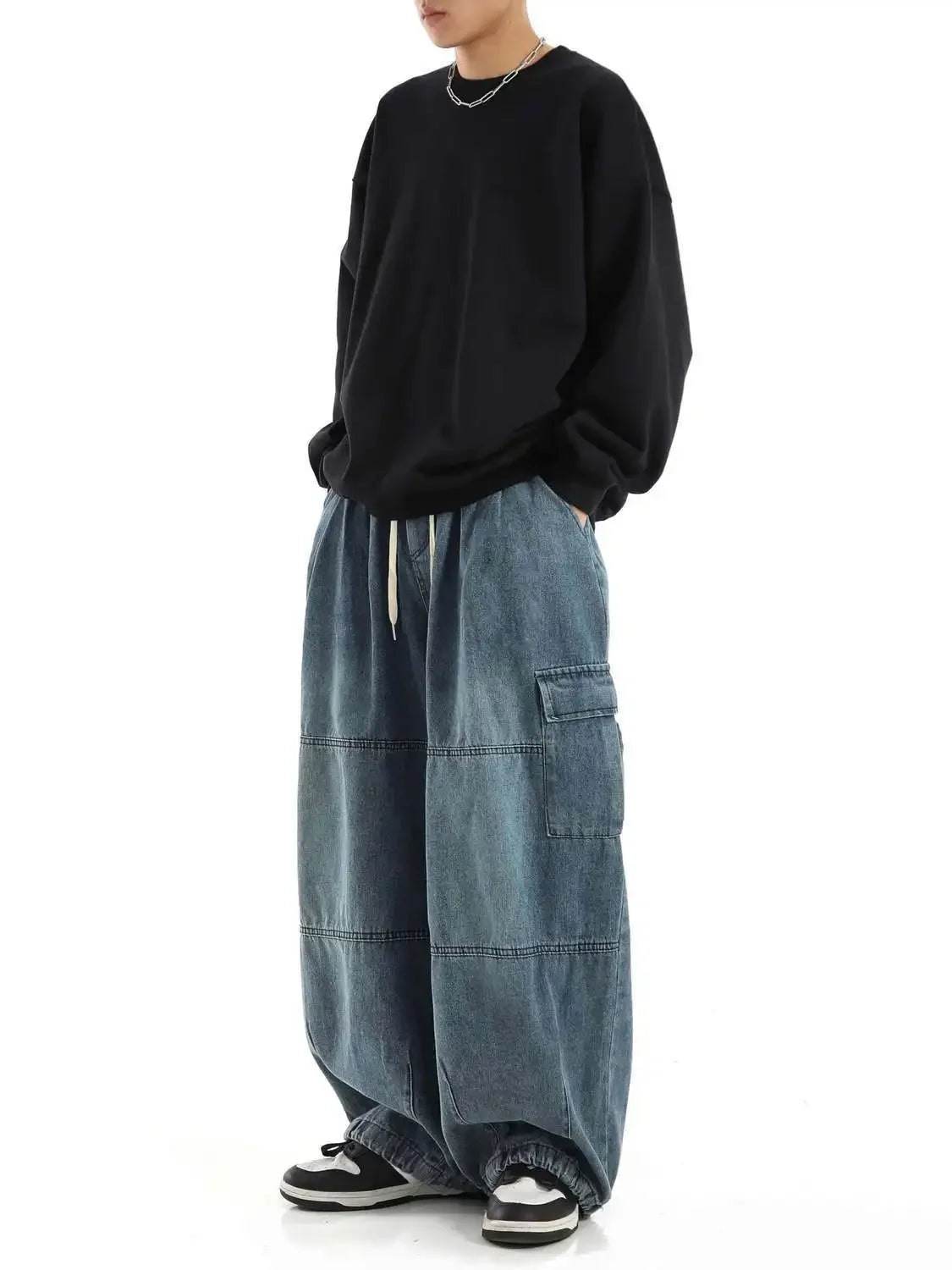 Y2k Black Baggy Cargo Jeans Trousers Men Streetwear Casual Hippie Jogging Wide Leg Oversize Long Male Denim Pants