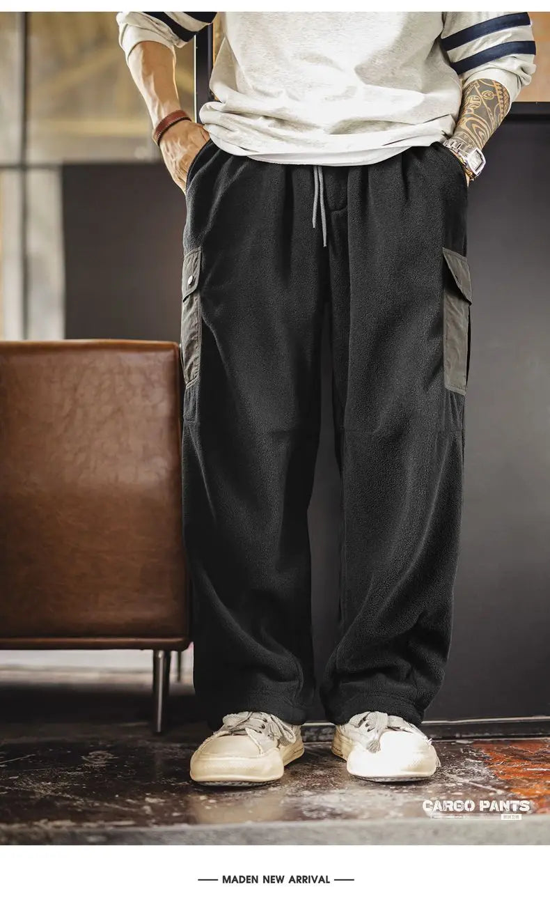 Maden Vintage Men's Brushed Fleece Sweatpants Black Cuffed Thermal Casual Pants Elastic Waist Multi-Pocket Trousers for Winter