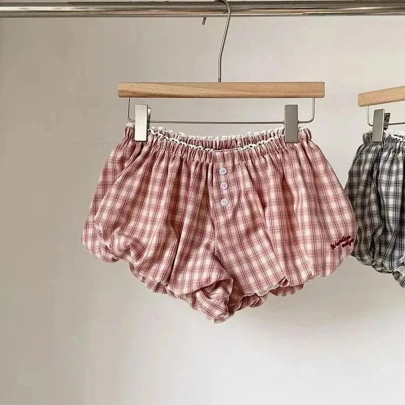 Women's Plaid Bubble Shorts Elastic Waist Bloomer Shorts Casual Short Pants Summer Streetwear шорты женские