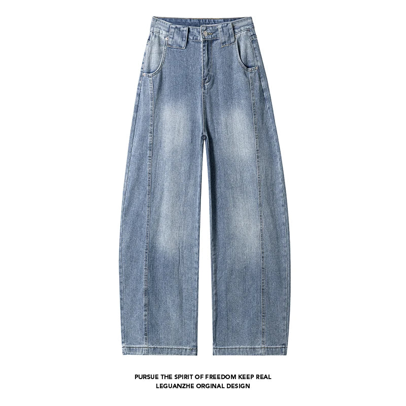Retro Distressed Wide Leg Curved Jeans Men Y2K Hip Hop Baggy Denim Pants Streetwear Casual Trousers