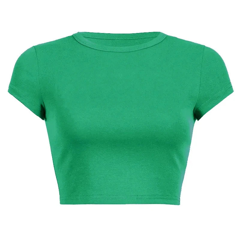 Summer Casual Short Sleeve Basic O Neck Solid Color Cropped Navel Women Crop Tops Soft Bodycon Fashion Tees Blouse