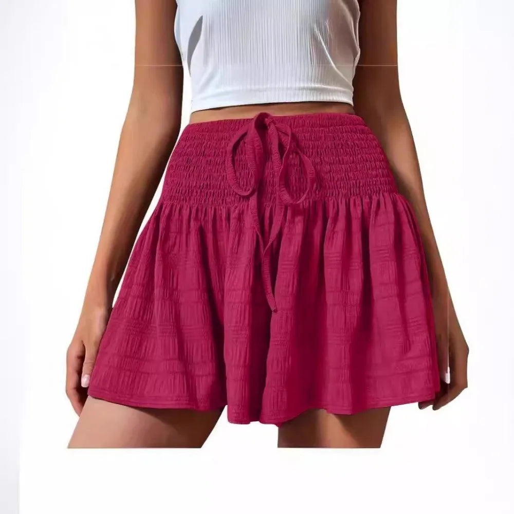 Solid Color Drawstring Women's Short Lace Up Loose Sports Shorts Skirt Summer Pleated Pajama Pants Summer