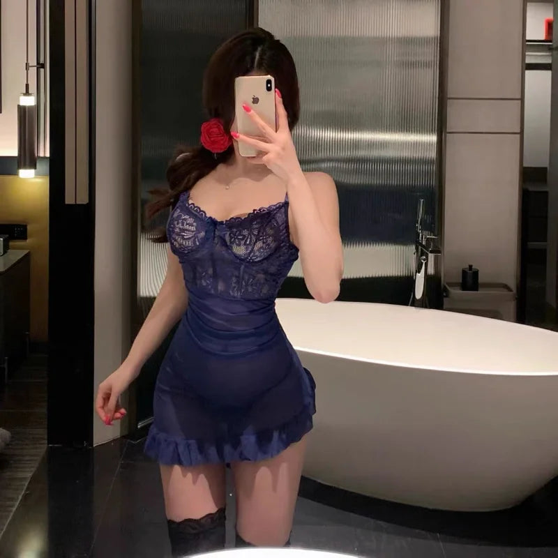Transparent Underwire Bra Erotic Set Sexy Fairy Lingerie Women's See Through Lace Nightdress Pajamas Sets Delicate Sexy Nighty