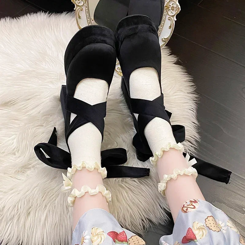 Platform Mary Janes Shoes Women Suede Luxury High Heel Lace Up Trend Lolita Shoes Elegant Chunky Party Pumps Sandalias Muje