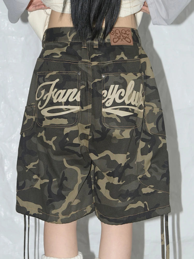 Women's Techwear Camo Cargo Shorts Streetwear High Waist Loose Multi-Pocket Zipper Drawstring Casual Harajuku Summer Bottoms