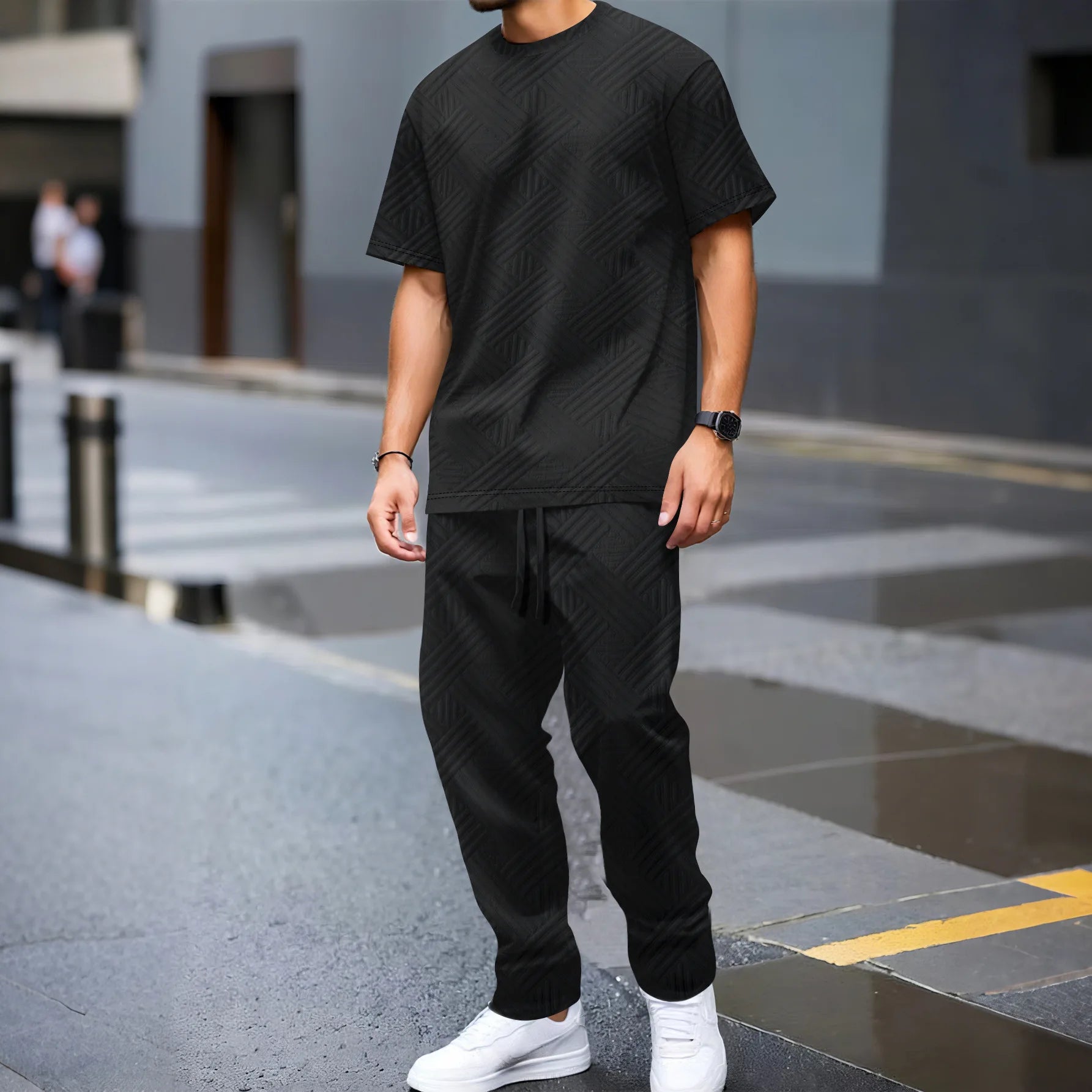 Men's Textured Fabric 2 Piece Set Short Sleeve T-Shirt & Drawstring Pants Casual Outfit Lightweight Breathable Streetwear for Sp