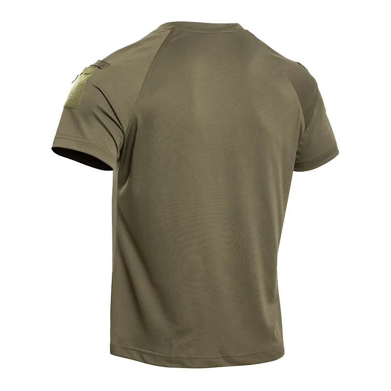 Men's Tactical T-Shirt Short Sleeve Quick Dry Breathable Lightweight Combat Tee with Shoulder Zip Pocket for Hiking Camping Tops