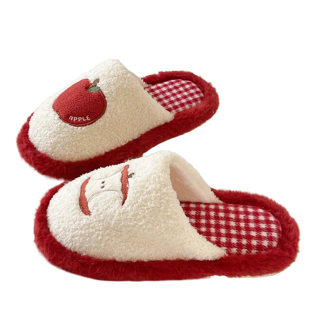 Fashion Grid Stripe Cute Plush Slippers Non-Slip Thick Sole Winter Slides Women Silent Casual Home Wear Shoes Women
