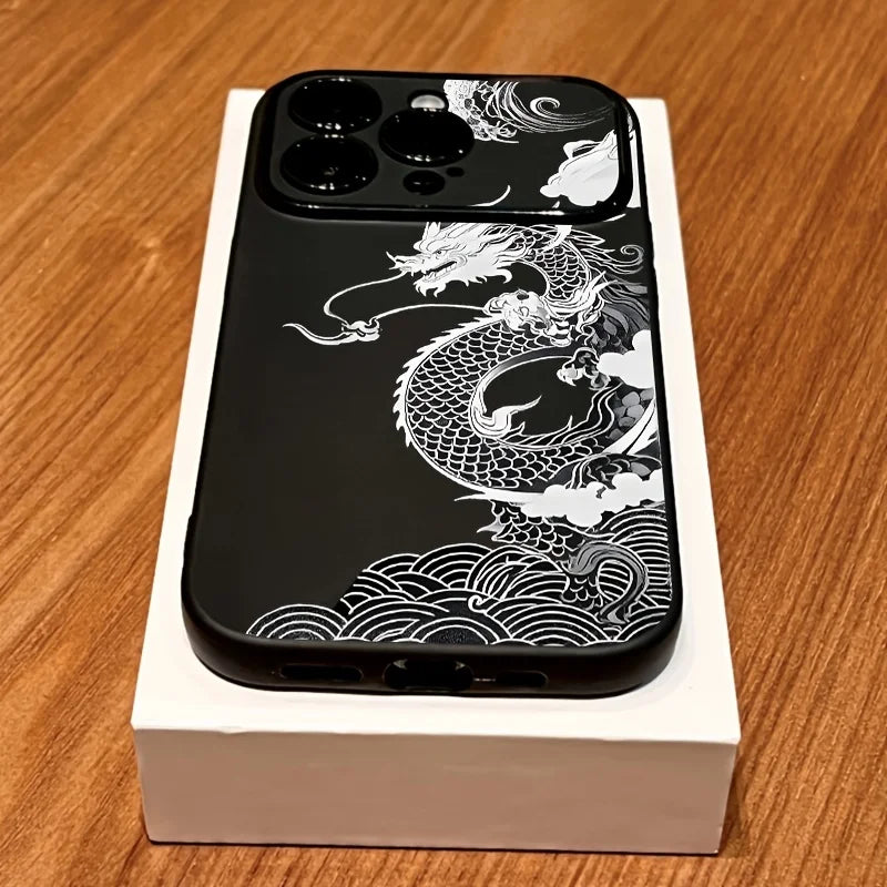 Linear Dragon Pattern Black Handy Window Phone case For iPhone 11 12 13 14 15 16 17 Air Pro Max XR XS X Plus Silicone INS Covers