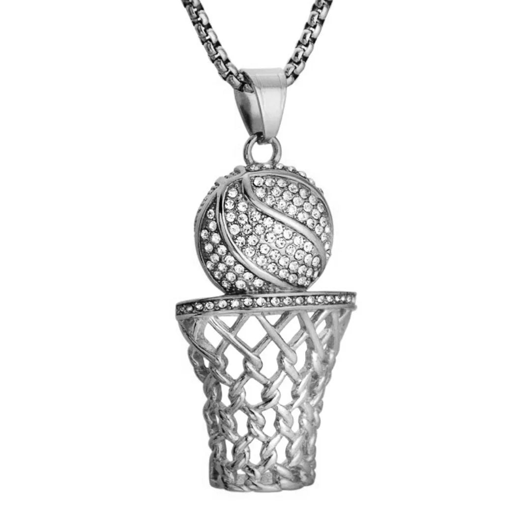 Hip Hop Iced Out Bling Basketball Basket Pendant Stainless Steel Cubic Zirconia Fans Sports Necklace for Women Men Jewelry Gift
