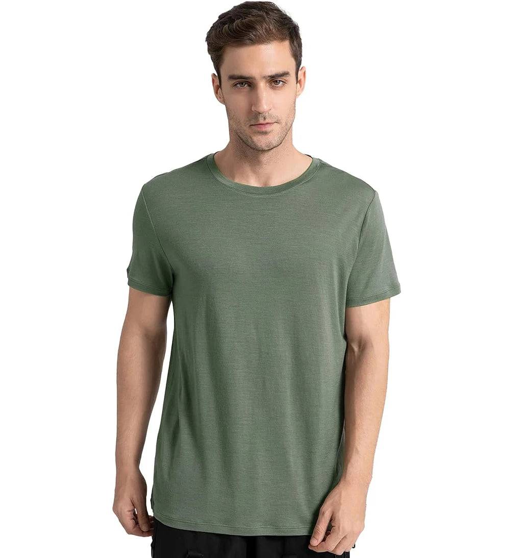 100% Merino Wool T Shirt for Men Short Sleeve Tee 170GSM Men Wool Base Layer Quick Dry Anti-Odor for Travel Hiking USA Size