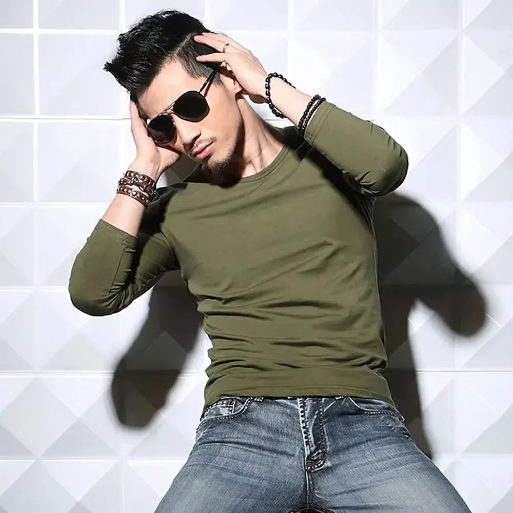 Men's Long Sleeve V Neck T Shirt 2026 MRMT Men T-shirt Slim Solid Tight Man T Shirt Tops Tees Clothing