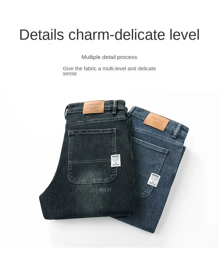 Autumn Winter  Brand New High Waist Jeans Classic Business Casual Office Men's Fashion Stretch Slim Denim Jeans Navy Blue