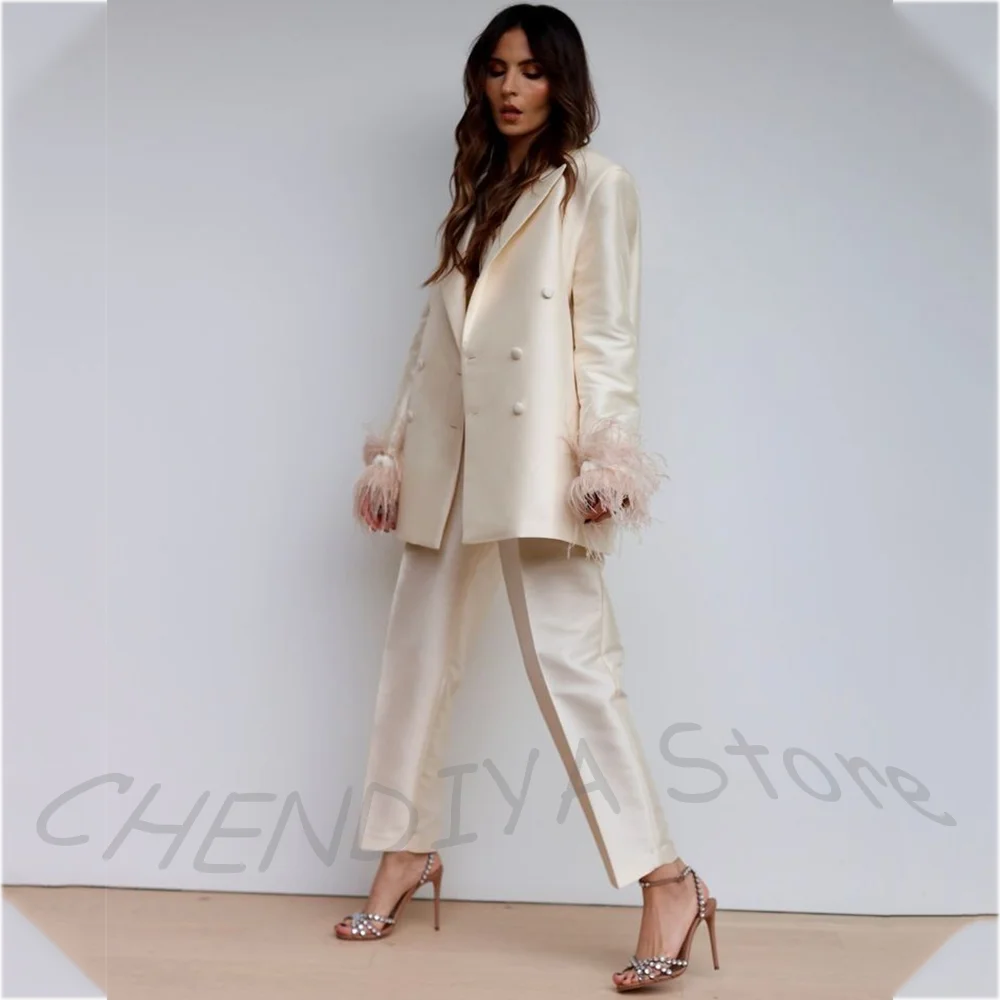 Luxury Feather Women's Suit Classic Design Double Breasted Ankle Length Elegant Outfit Two Pieces Formal Party Female Set