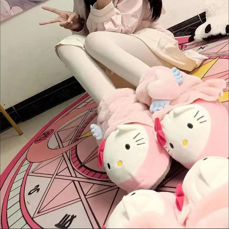Y2K Hello Kitty Women Plush Cotton Shoes Big Head Slippers Sanrio Kawaii Anime Flat Shoes Winter Warm Thickened Cute Student